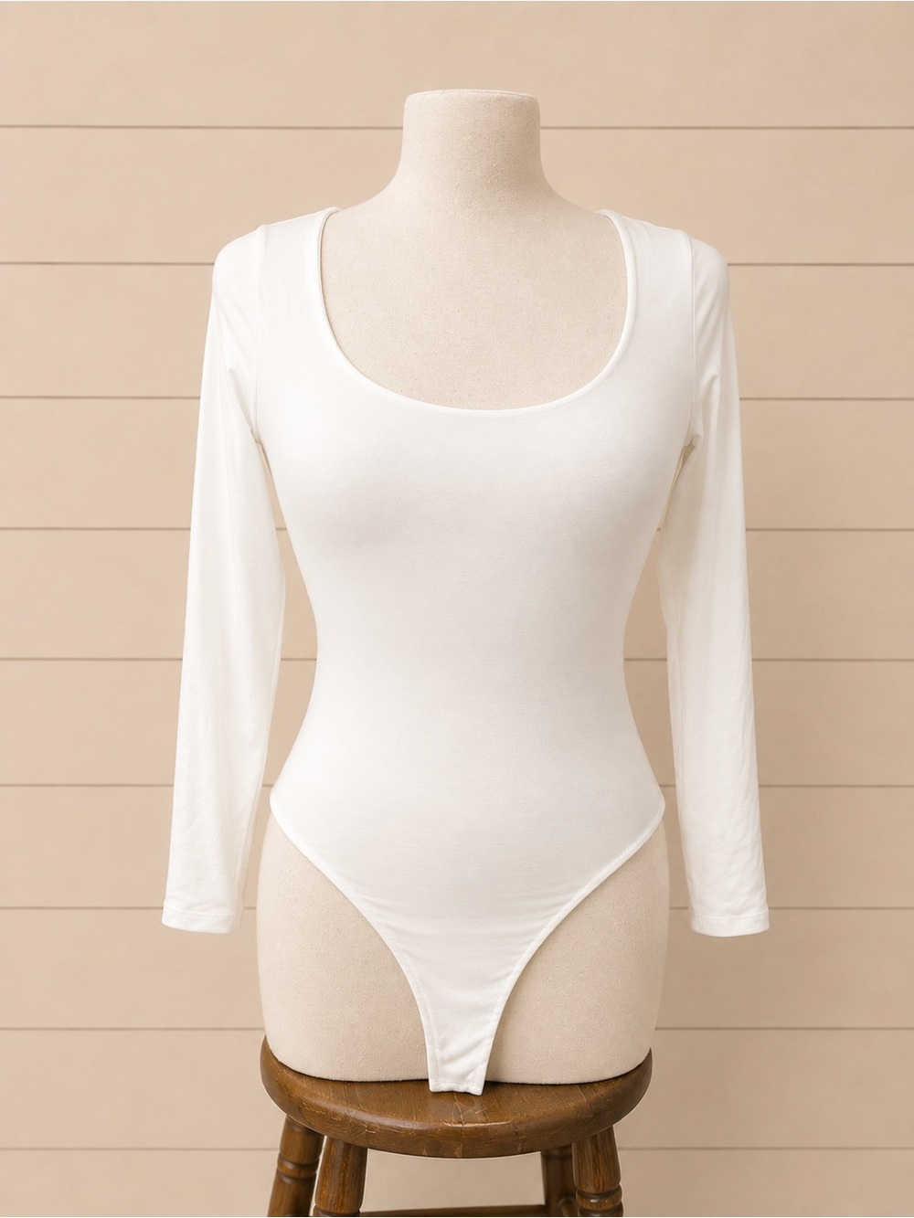 Women's White Long-Sleeve Scoop Neck Bodysuit